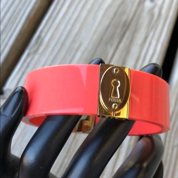 Fossil Gold Lock Orange Acrylic Hinged Cuff! EUC - Picture 1 of 7